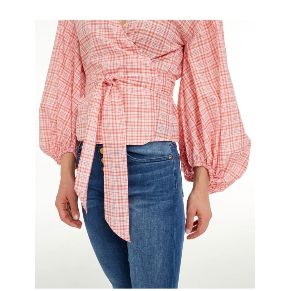 NWT MICHAEL MICHAEL KORS Coral Tie Plaid Long Sleeve Surplice Neckline Blouse - Picture 3 of 13